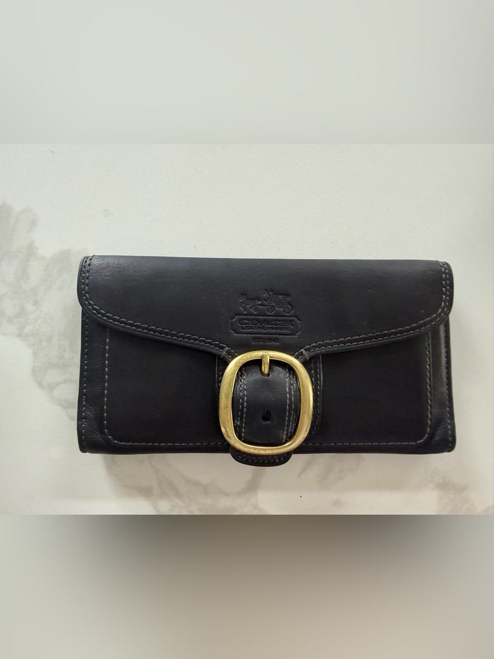 Coach Vintage Bleecker Black/ Teal  Leather Wallet Gold Buckle
